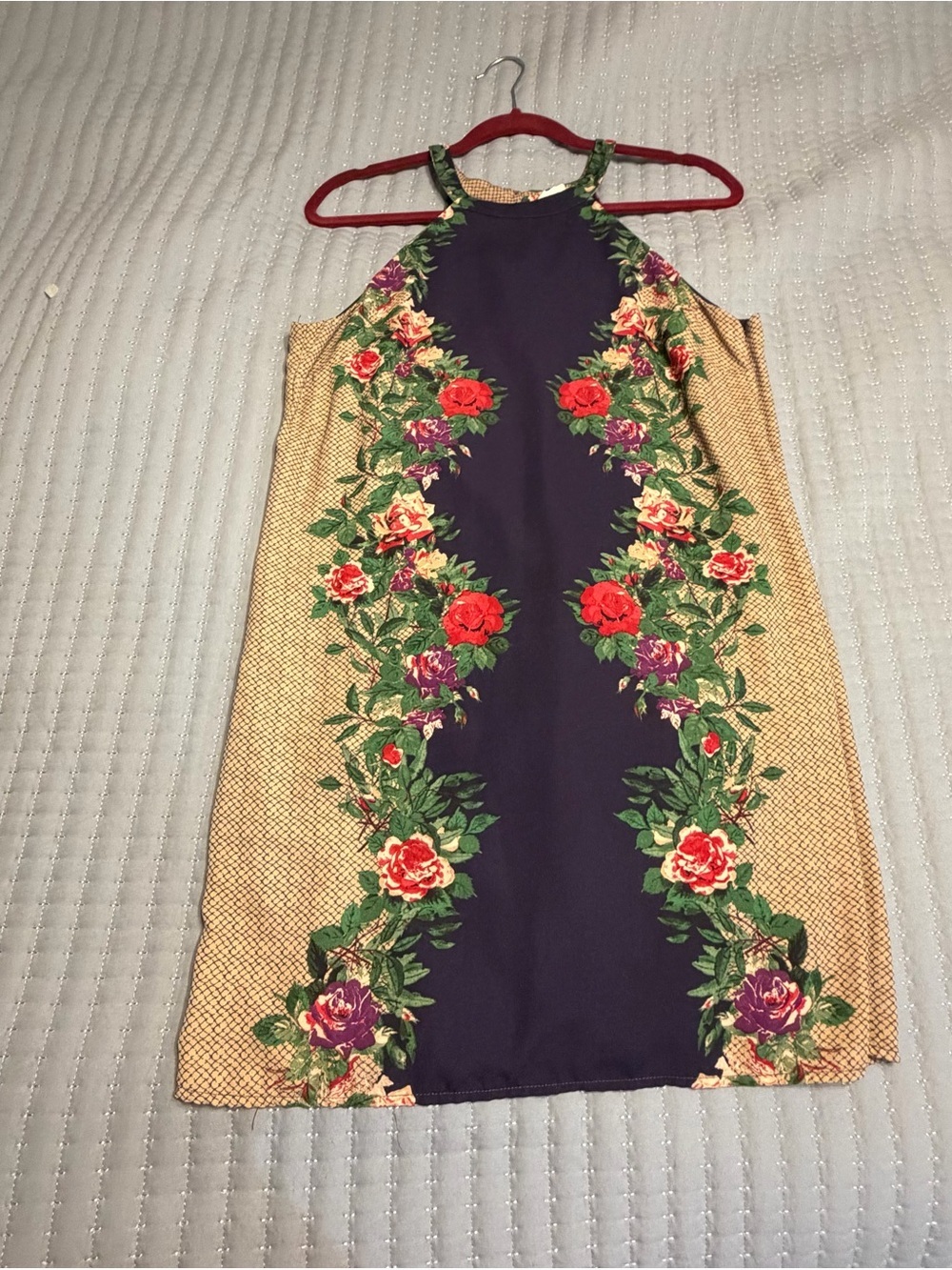 Floral A-Line Dress in Navy and Beige - Picture 5 of 7